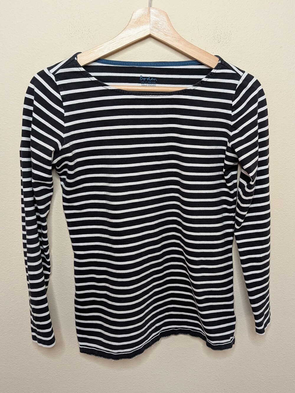 Boden Breton Stripe Long Sleeve Top Size US 2 Black White Boat Neck 100% Cotton